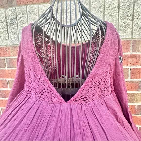 Free People Plum Backless Dress FloralEmbroidered BOHO Artsy Flow Babydoll Sz M - Picture 16 of 16